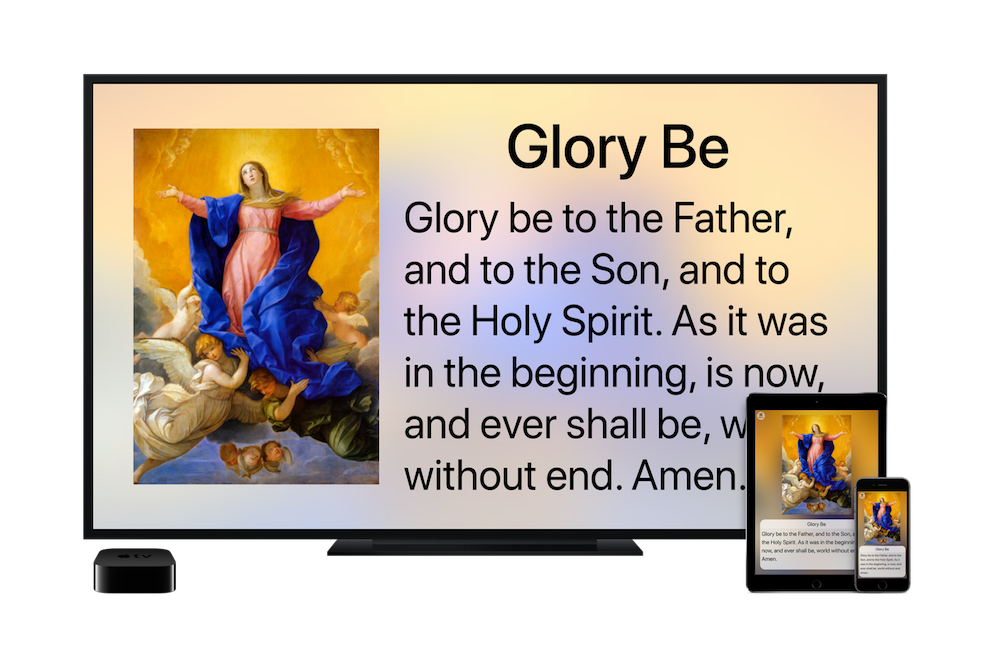 Chaplets running on an Apple TV, iPad, and iPhone.